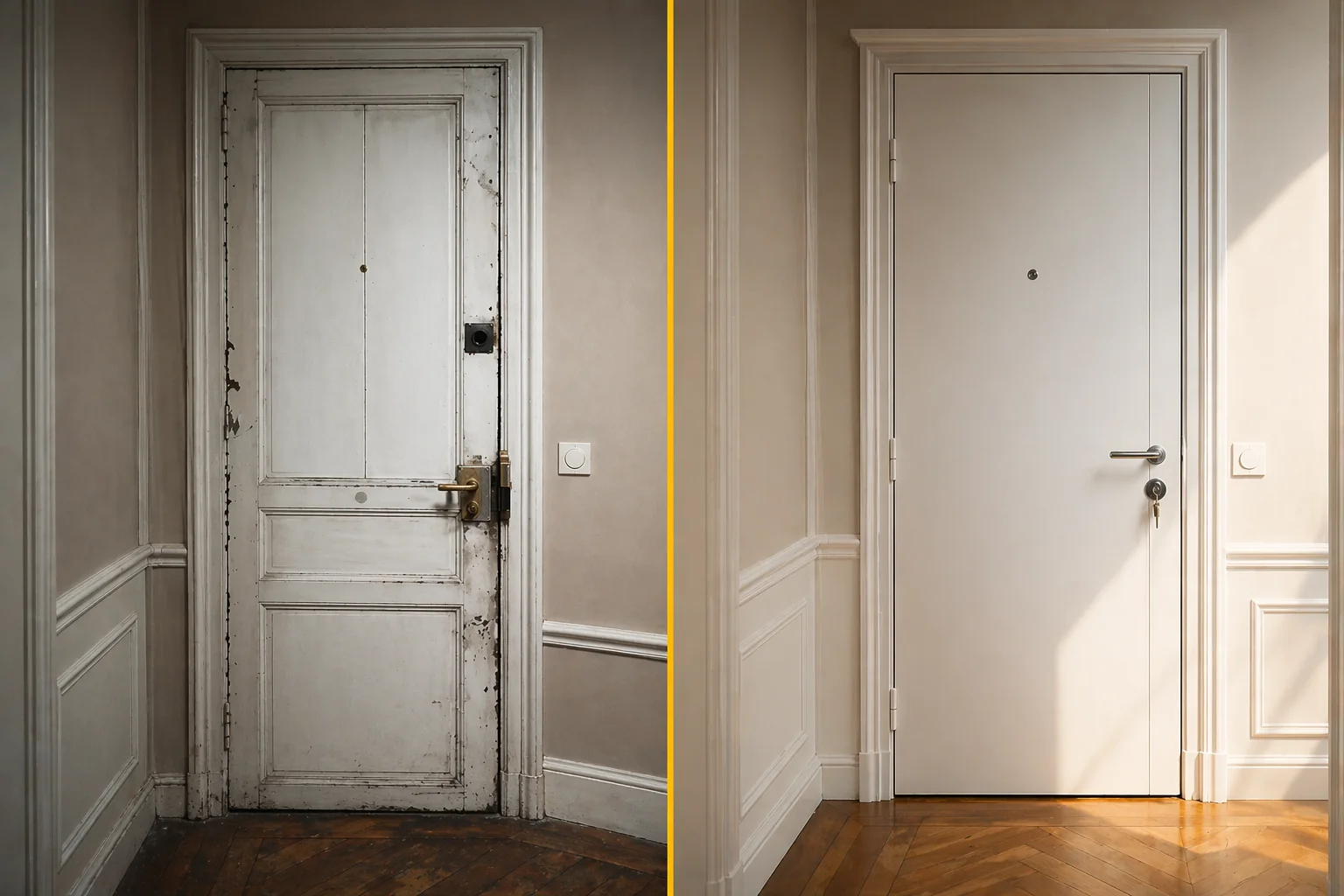 Avant / après : blindage de porte d'entrée par Monsieur Blindage, artisan en Île-de-France