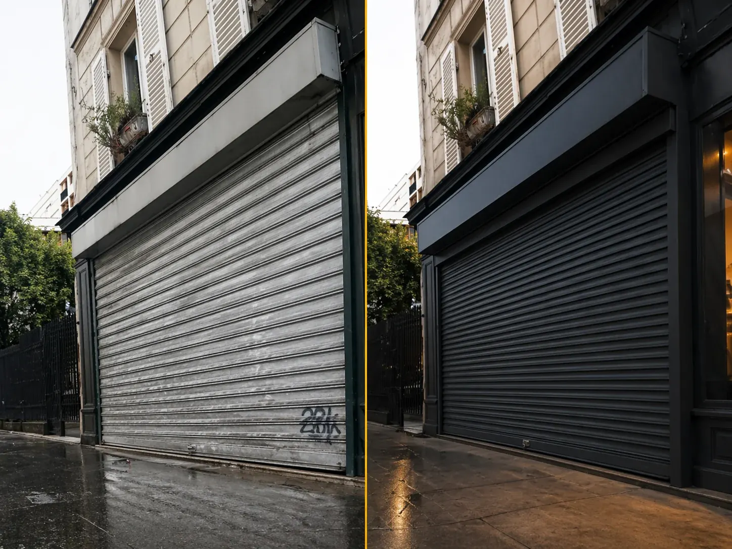 Avant / après : remplacement de rideau métallique de commerce par Monsieur Blindage en Île-de-France