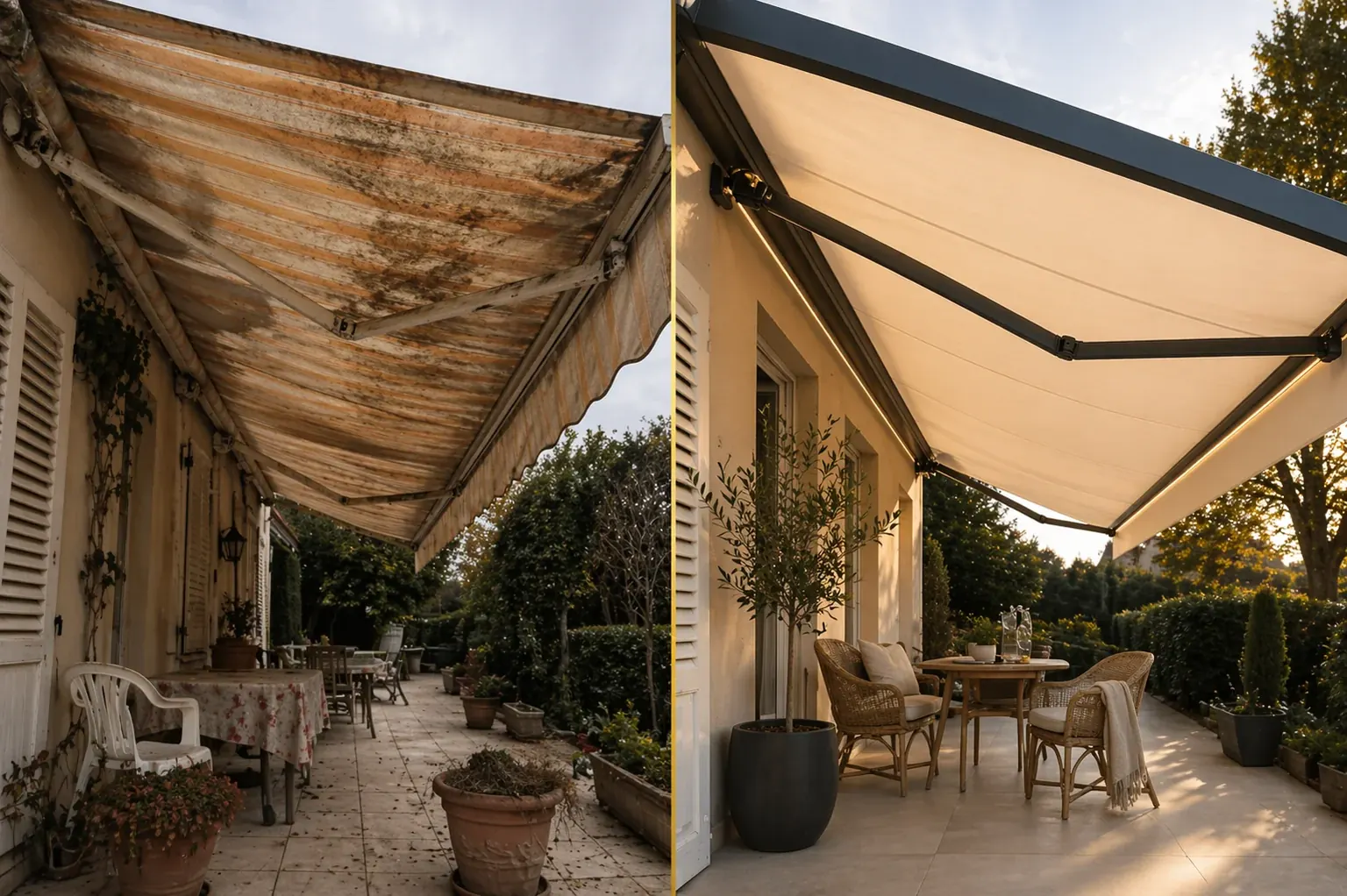 Avant / après : remplacement d'un store banne sur terrasse par Monsieur Blindage