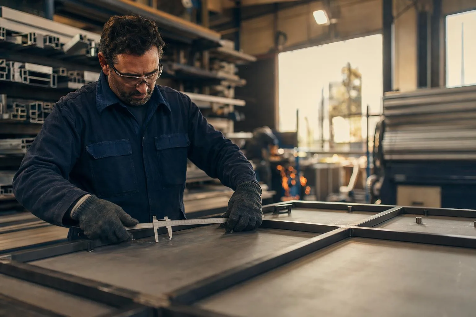 Artisan Monsieur Blindage mesurant un cadre de porte blindée dans notre atelier Île-de-France