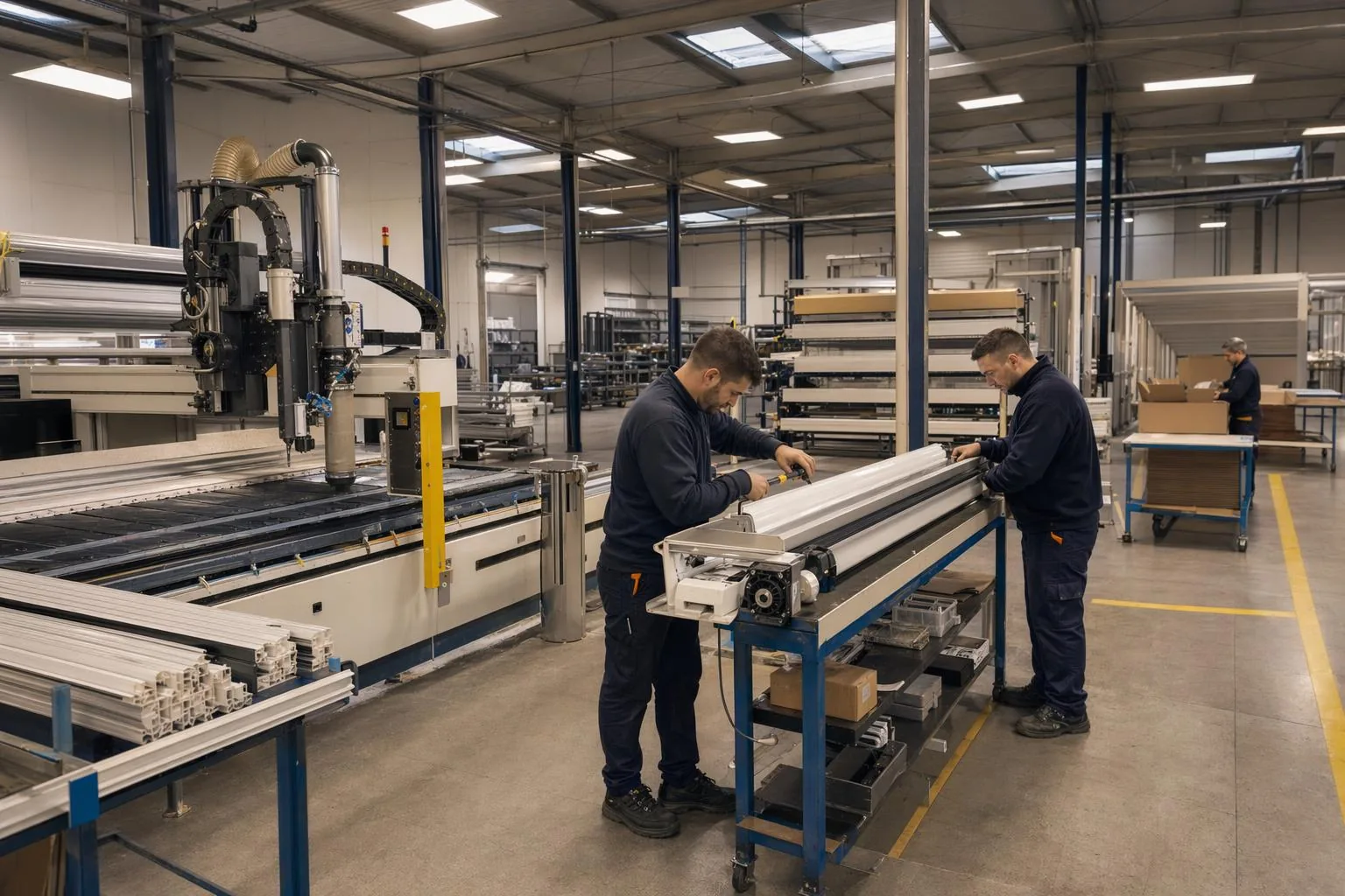 Atelier de fabrication Monsieur Blindage à Savigny-sur-Orge, artisans assemblant des volets roulants