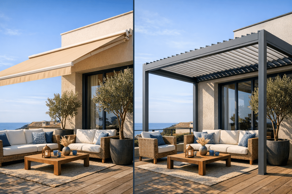 Store banne vs pergola bioclimatique : quel choix pour votre terrasse ?