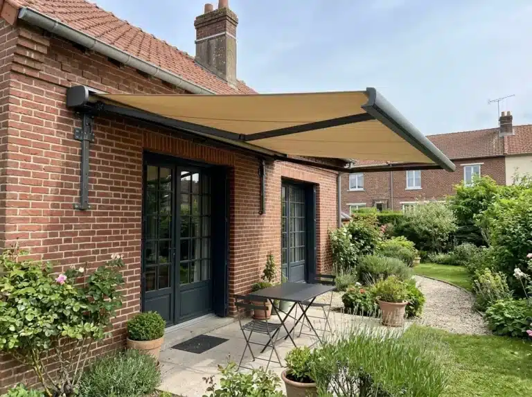 Store banne à coffre anthracite et toile beige déployée au-dessus d’une terrasse, sur une façade en briques.