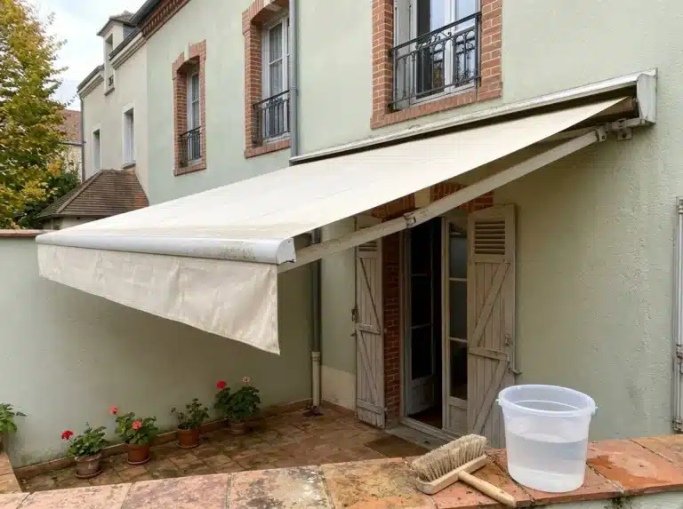 Store banne crème à demi déployé, toile et bras visibles, avec une brosse douce et un seau sur la terrasse.