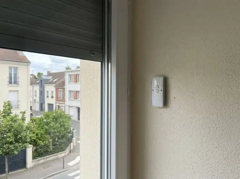 Volet roulant à motorisation sans fil sur un immeuble à l'enduit clair