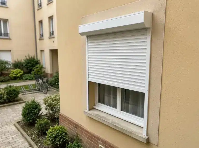 Volet roulant blanc en PVC à mi-hauteur sur une fenêtre, avec coffre apparent sur une façade ocre.