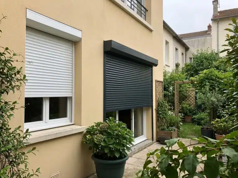 Volet roulant PVC blanc sur une fenêtre et volet aluminium anthracite sur une large baie, côté cour.