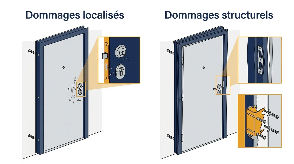 Après un cambriolage, dommages localisés et structurels comparés sur une porte blindée.
