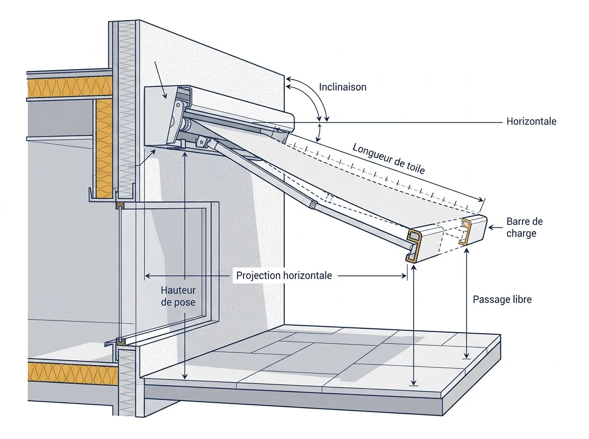 Dimensions d’un store banne en coupe : inclinaison, projection et passage sous la barre de charge.