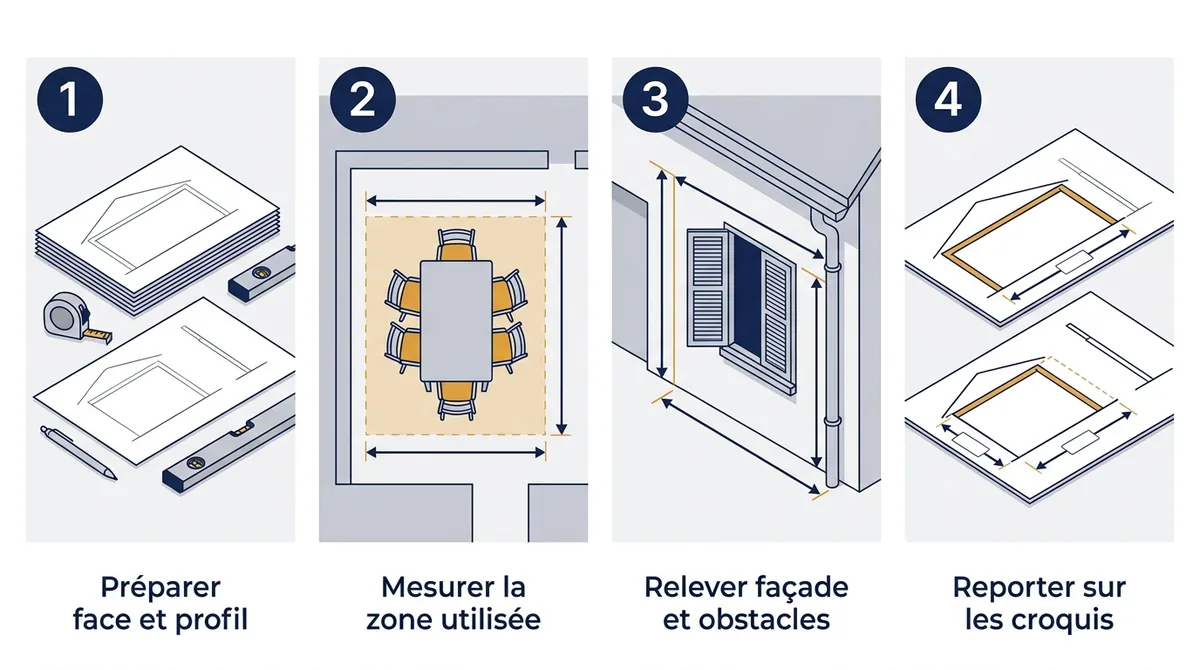 Dimensions d’un store banne : étapes de mesure et report sur des croquis de face et de profil.