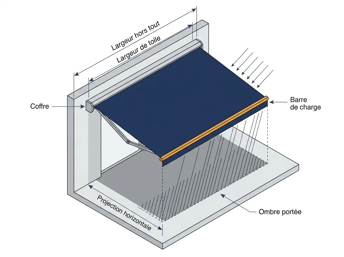 Dimensions d’un store banne : largeur hors tout, largeur de toile, projection et ombre portée.