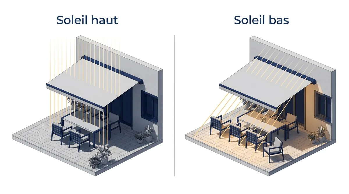 Dimensions d’un store banne : ombre sur la terrasse comparée sous un soleil haut et un soleil bas.