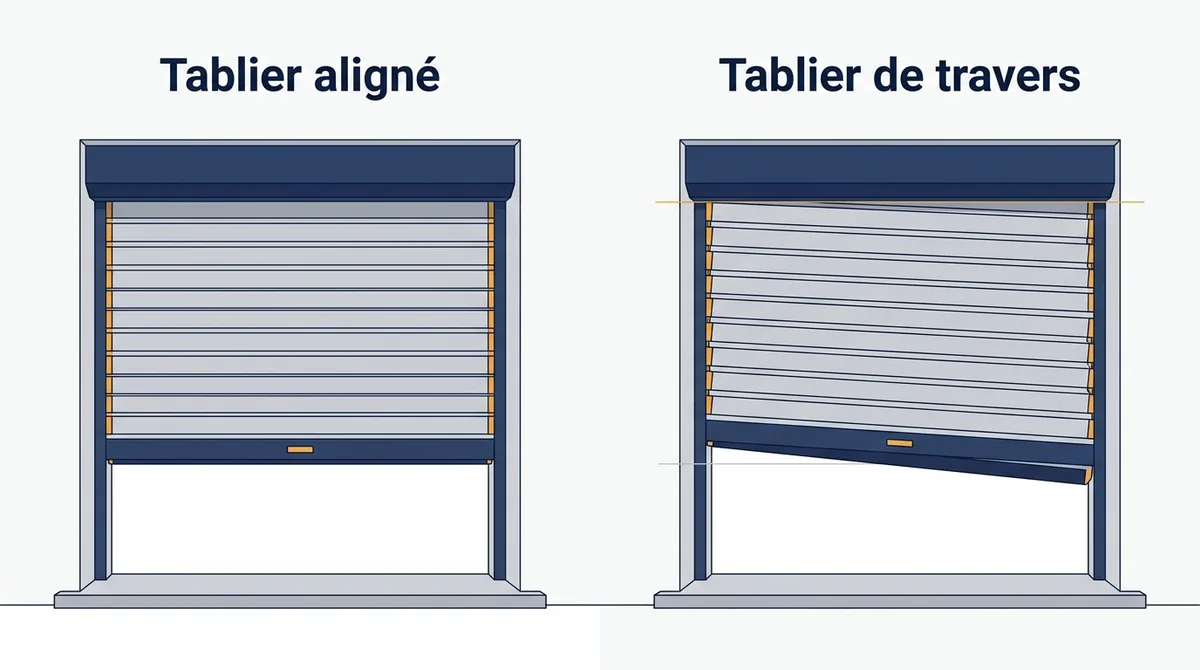 Entretien d’un rideau métallique : comparaison entre un tablier aligné et un tablier de travers.