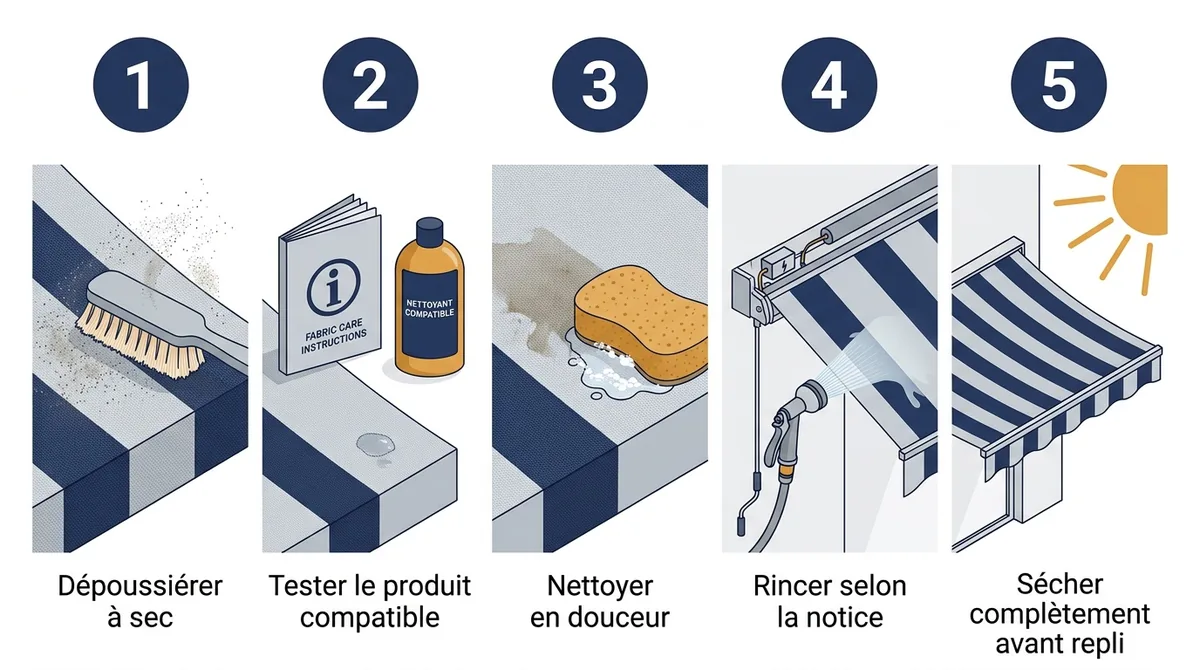 Nettoyage d’un store banne en cinq étapes, du dépoussiérage au séchage complet avant repli.