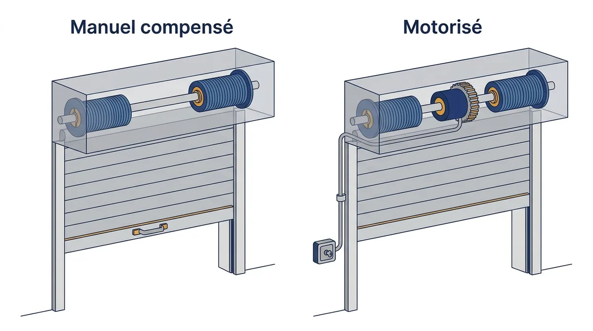 Comparaison d’un rideau métallique manuel compensé et d’un modèle motorisé.