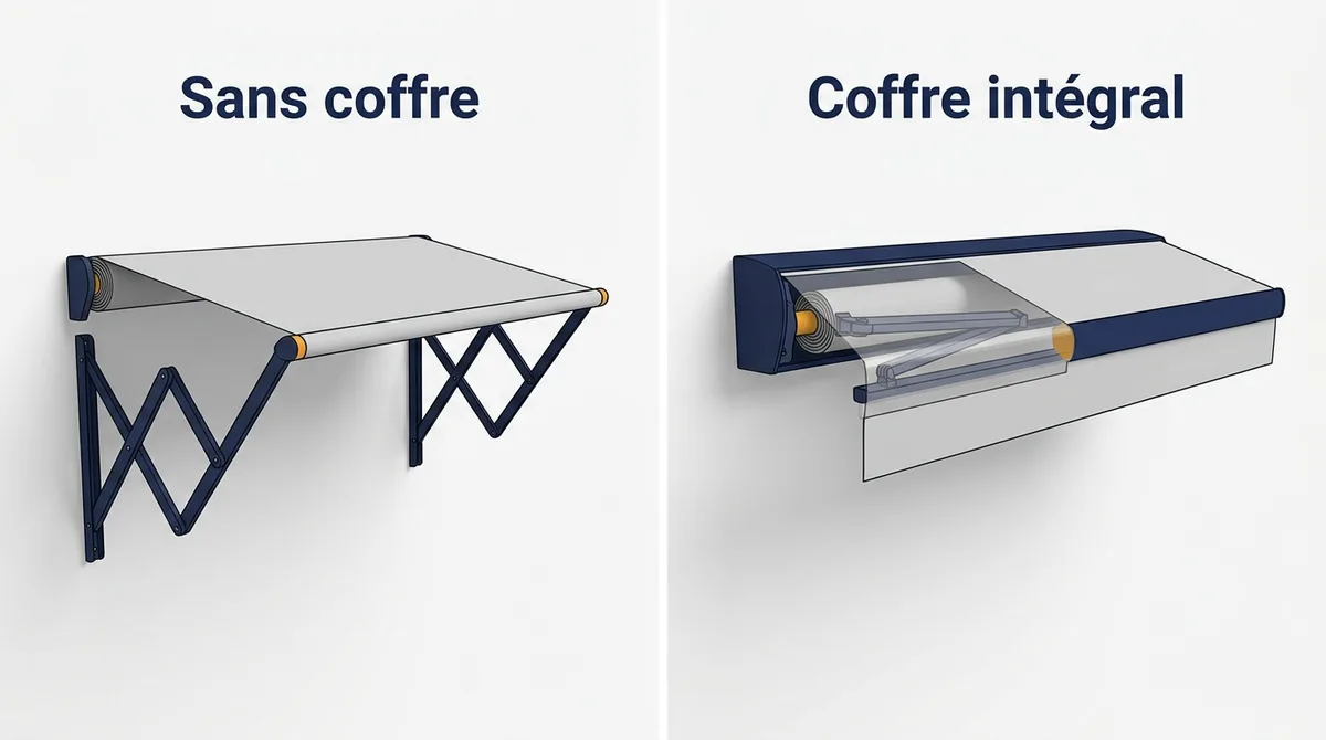 Deux modèles de store banne repliés : sans coffre à gauche, coffre intégral à droite.
