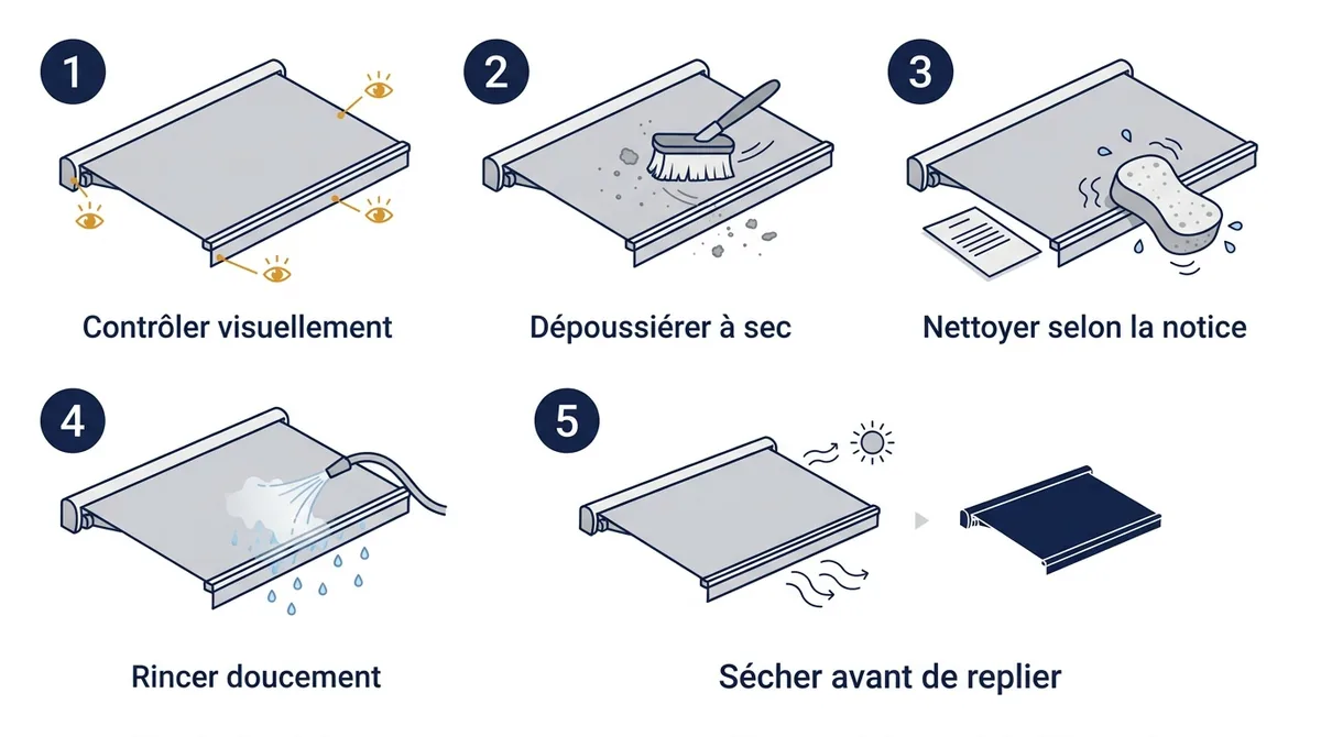 Entretien d’un store banne en cinq étapes, du contrôle visuel au séchage avant repliage.