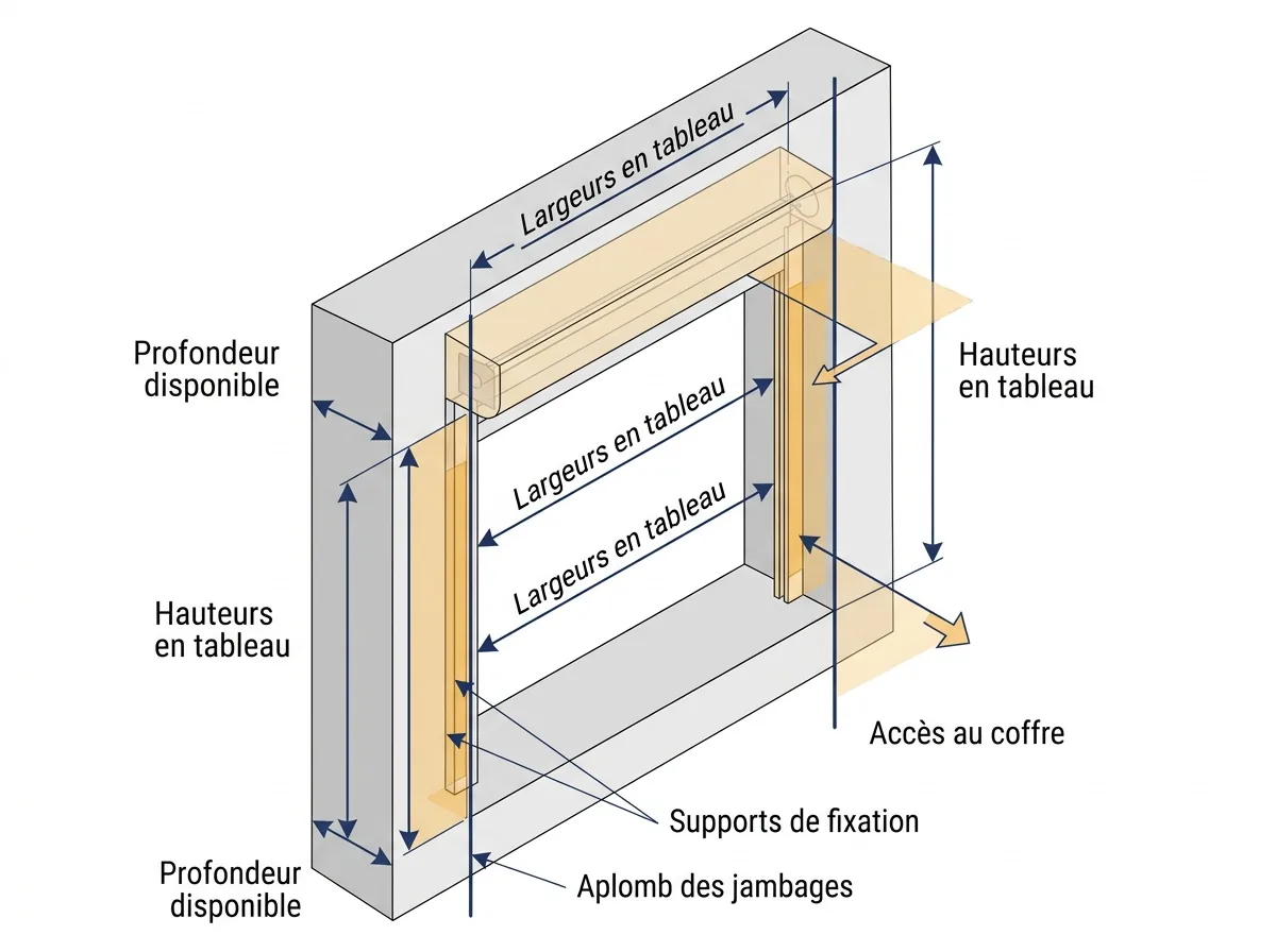 Relevé d’ouverture pour un volet roulant : largeurs, hauteurs, profondeur et accès au coffre.