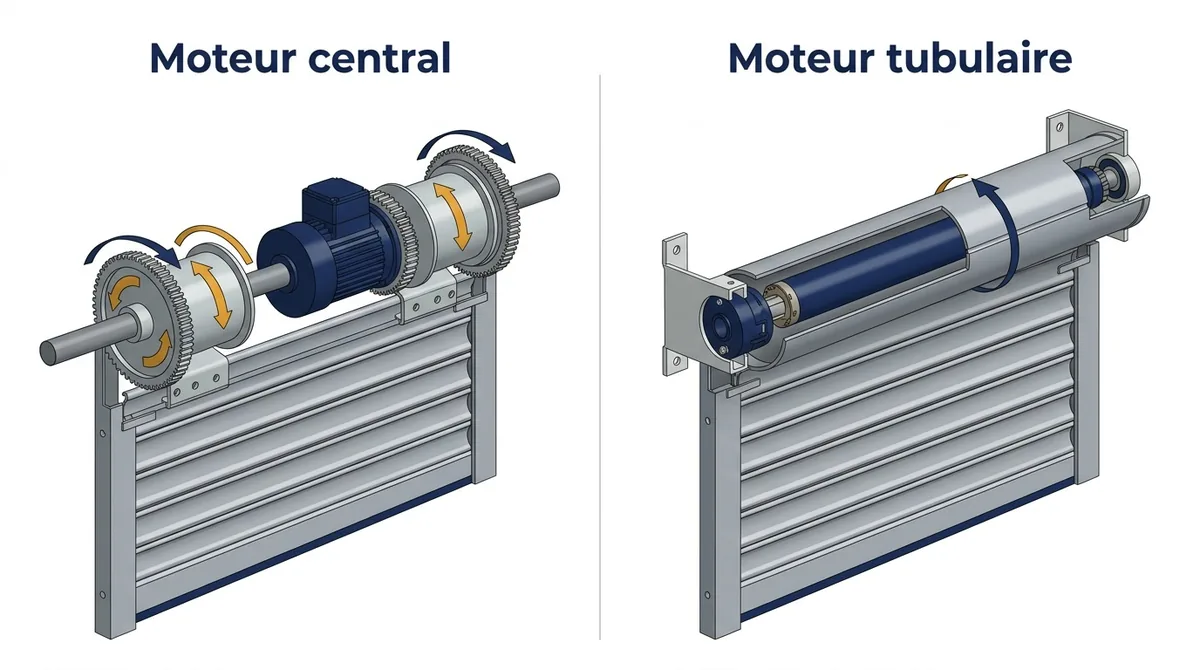 Comparatif de motorisation de rideau métallique : moteur central et moteur tubulaire.