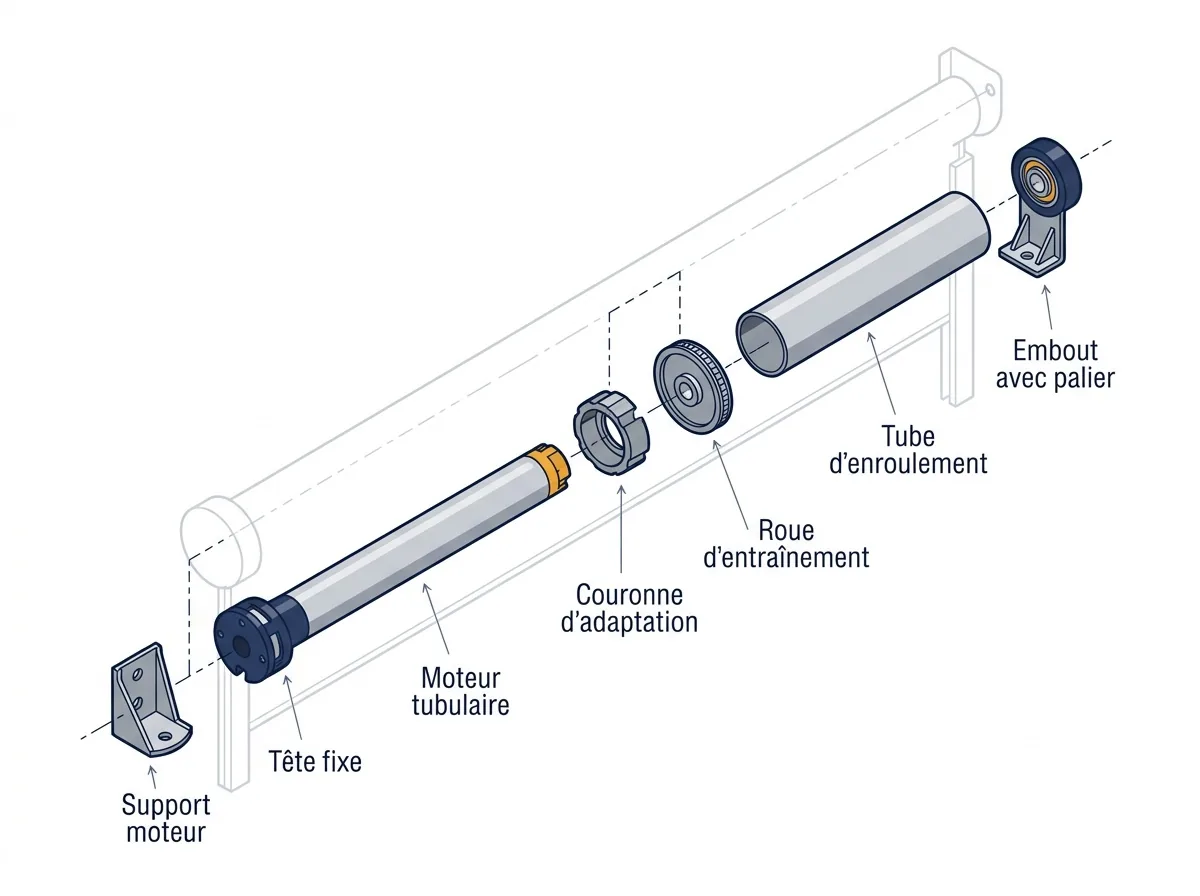 Vue éclatée d’une motorisation de rideau métallique à moteur tubulaire, avec tube et supports.