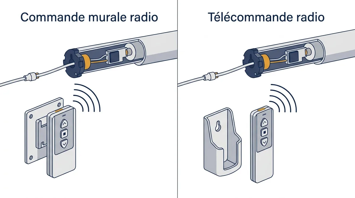 Commandes pour motoriser un volet roulant : émetteur mural radio et télécommande mobile.