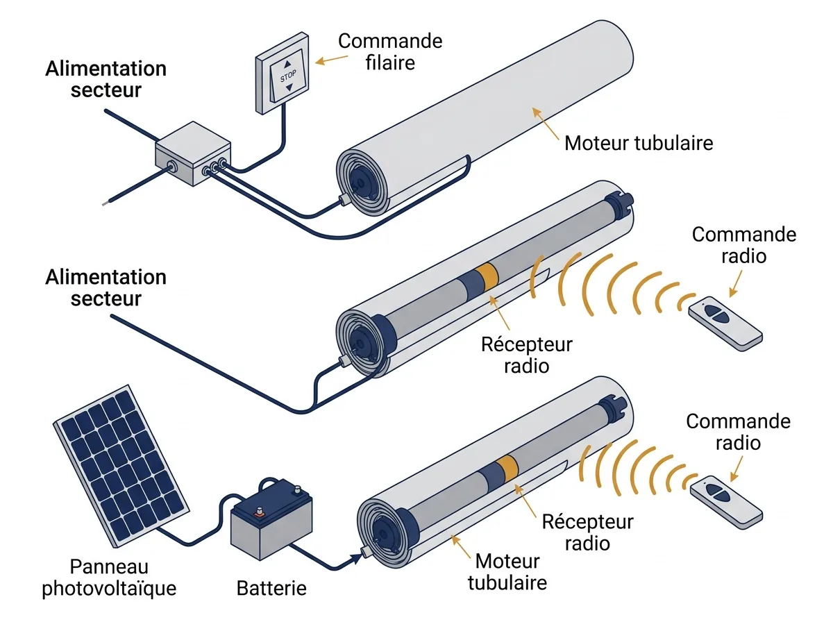 Schéma des alimentations et commandes pour motoriser un volet roulant en filaire, radio ou solaire.