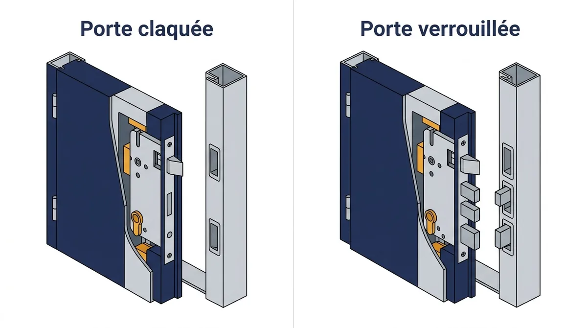 Comparatif des pênes d’une porte blindée bloquée : porte claquée et porte verrouillée.