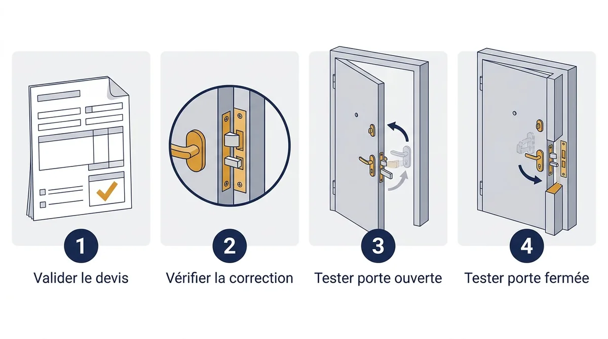 Contrôles d’une porte blindée bloquée : devis, correction et tests porte ouverte puis fermée.
