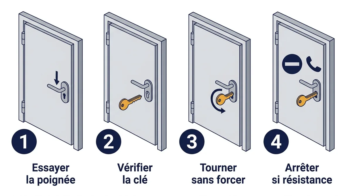 Gestes pour une porte blindée bloquée : essai de la poignée et de la clé, puis arrêt si résistance.