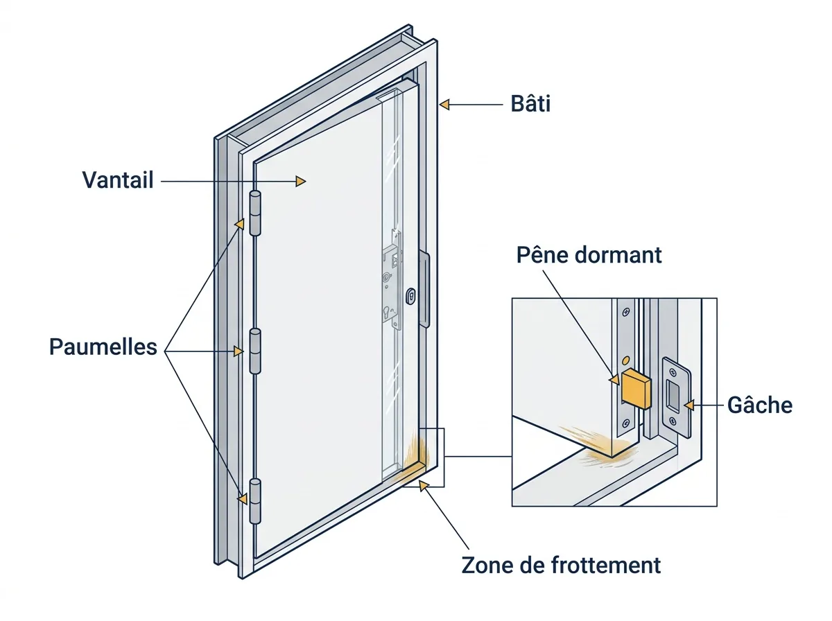 Schéma d’une porte blindée bloquée : pêne désaligné, gâche et frottement du vantail.