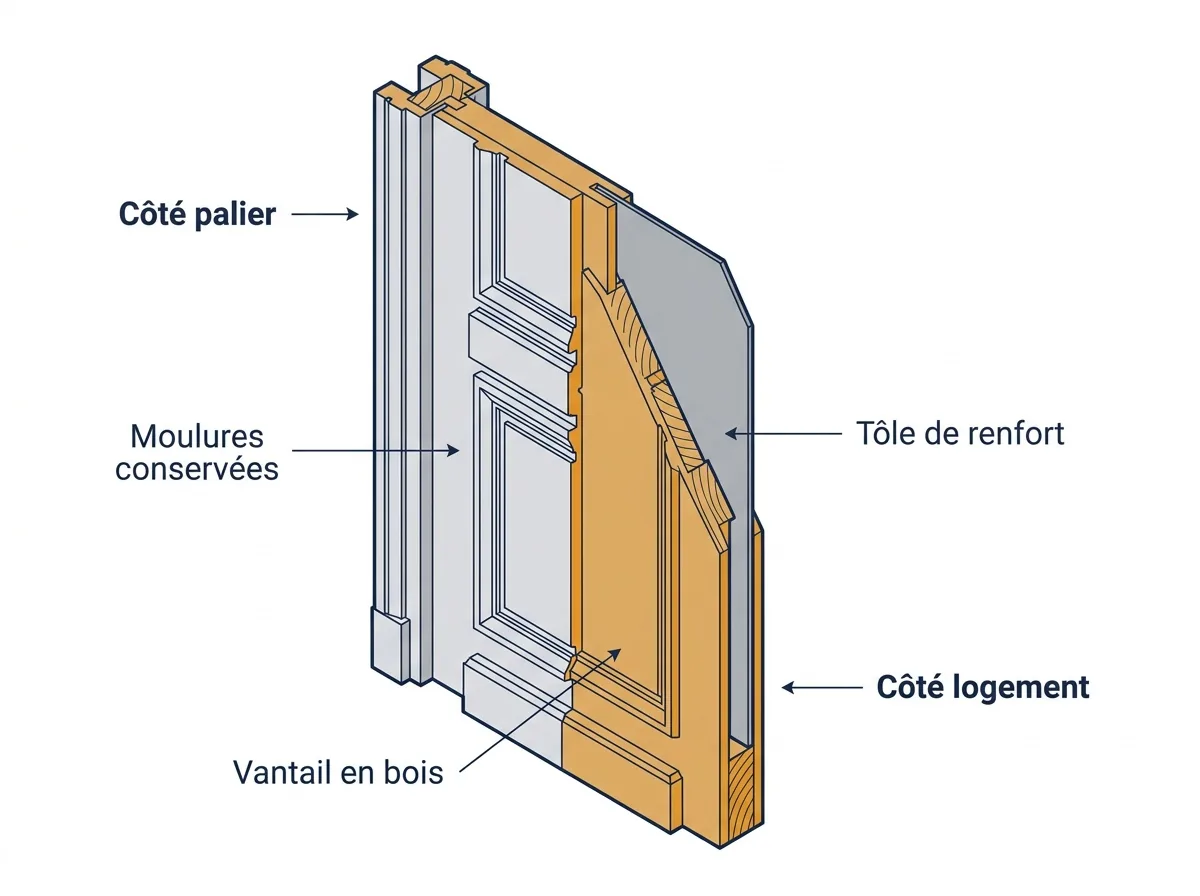 Coupe d’une porte blindée en copropriété : moulures côté palier et tôle de renfort côté logement.