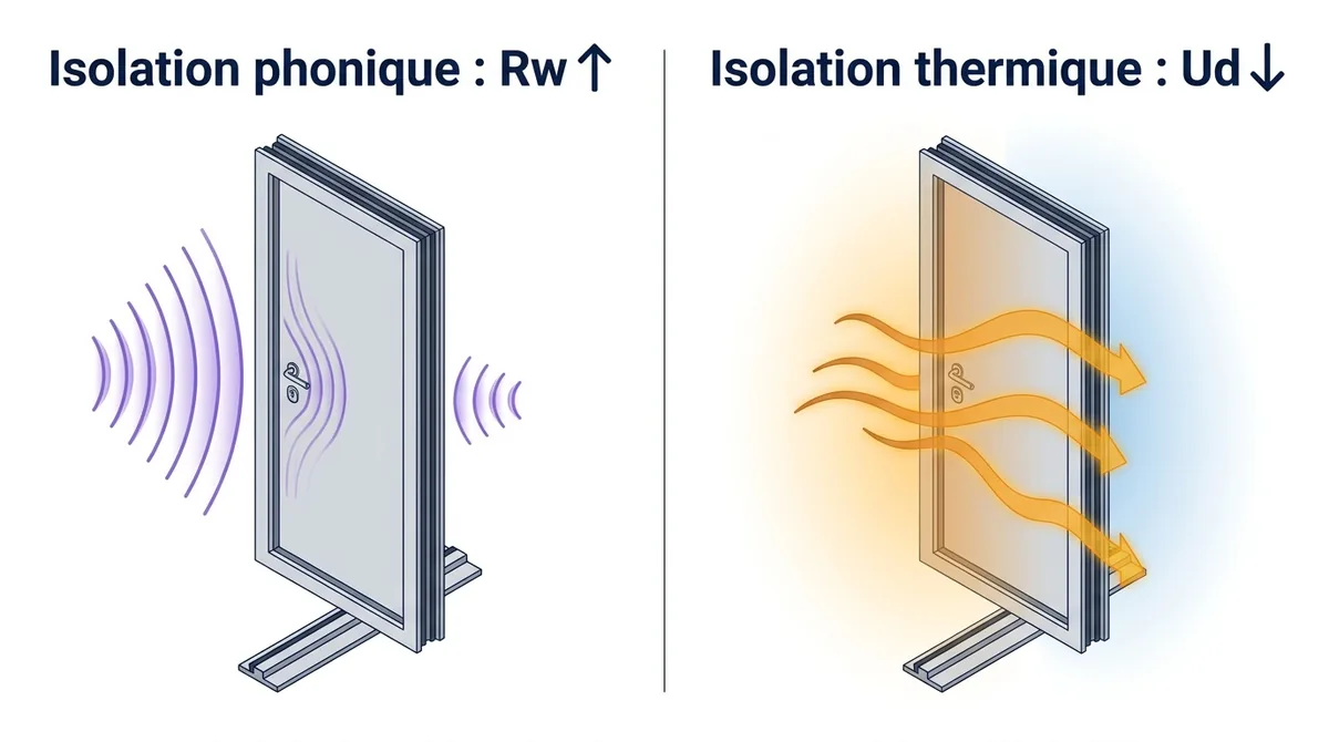 Comparatif des indices Rw et Ud d’une porte blindée pour distinguer isolation phonique et thermique.