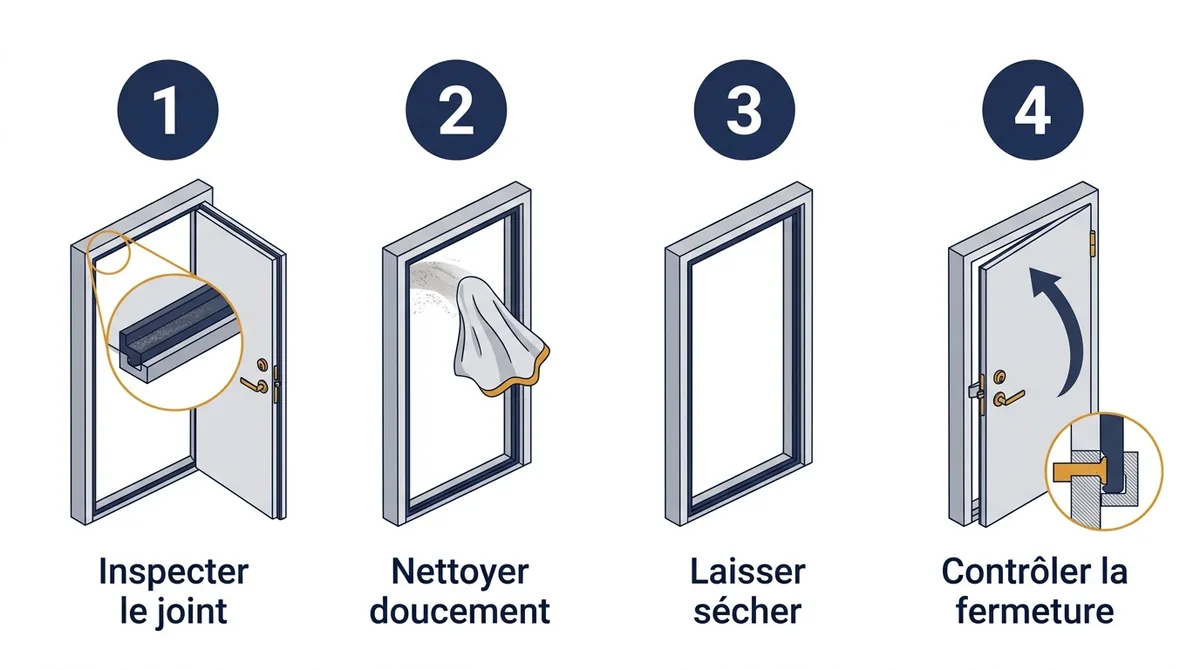 Entretien des joints d’une porte blindée : inspection, nettoyage, séchage et contrôle de fermeture.