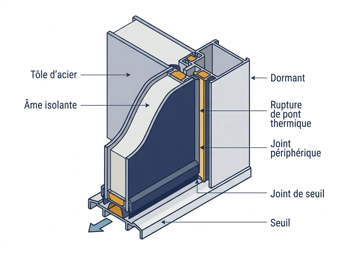 Coupe d’une porte blindée avec âme isolante, joints d’étanchéité et rupture de pont thermique.