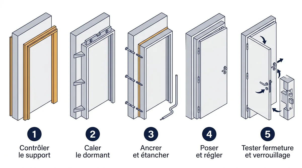 Pose d’une porte blindée : contrôle du support, calage, ancrage, réglages et essais de fermeture.
