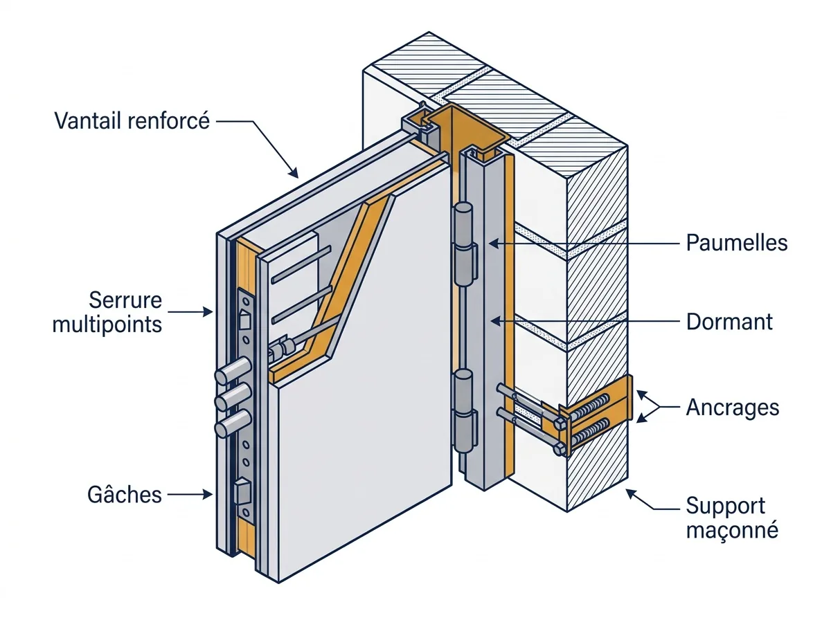 Schéma d’une porte blindée avec serrure multipoints, gâches, paumelles et ancrages dans la maçonnerie.