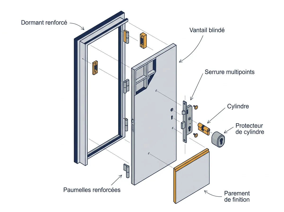 Vue éclatée d’un bloc-porte et des composants qui expliquent le prix d'une porte blindée.