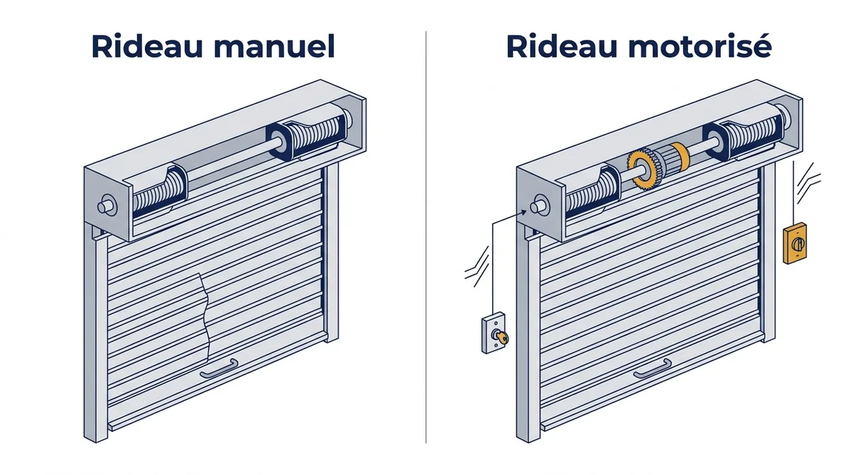 Comparatif des mécanismes manuel et motorisé pour comprendre le prix d’un rideau métallique.