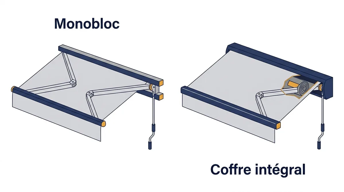 Store banne monobloc et modèle à coffre intégral repliés, avec la même commande manuelle.