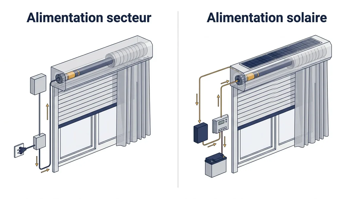 Comparatif des alimentations secteur et solaire pour comprendre le prix d'un volet roulant.