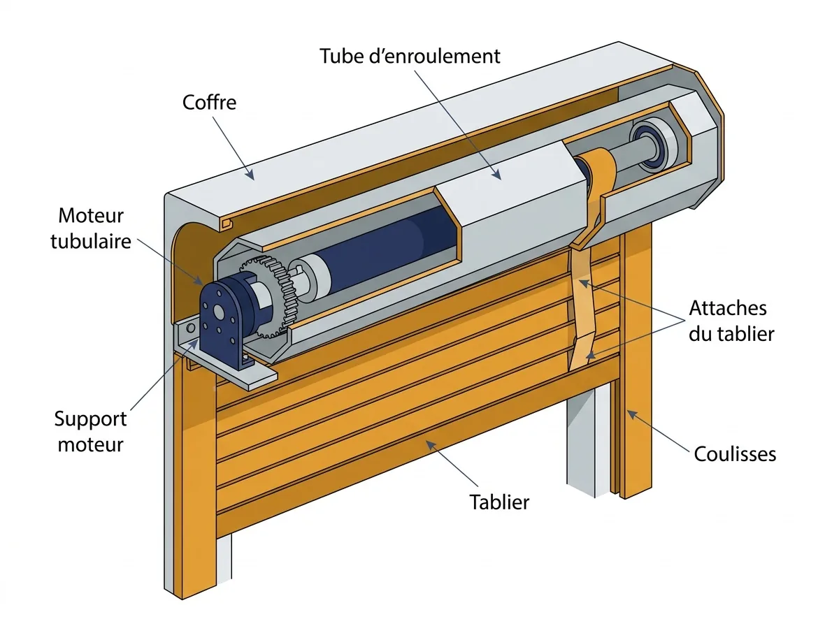 Coupe du coffre montrant le moteur de volet roulant dans son tube, le tablier et les coulisses.