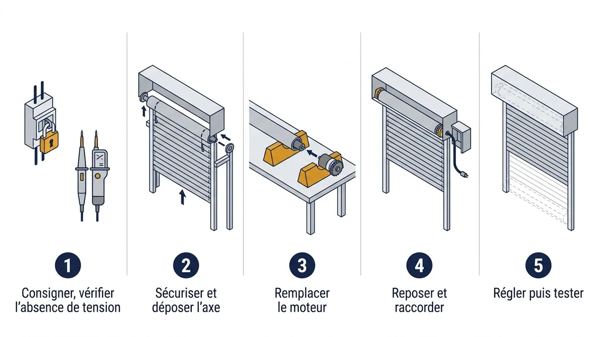 Étapes pour remplacer un moteur de volet roulant : consignation, dépose, repose et essais.