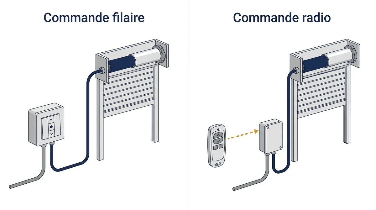 Réparation de volet roulant Somfy : commandes filaire et radio avec récepteur déporté.
