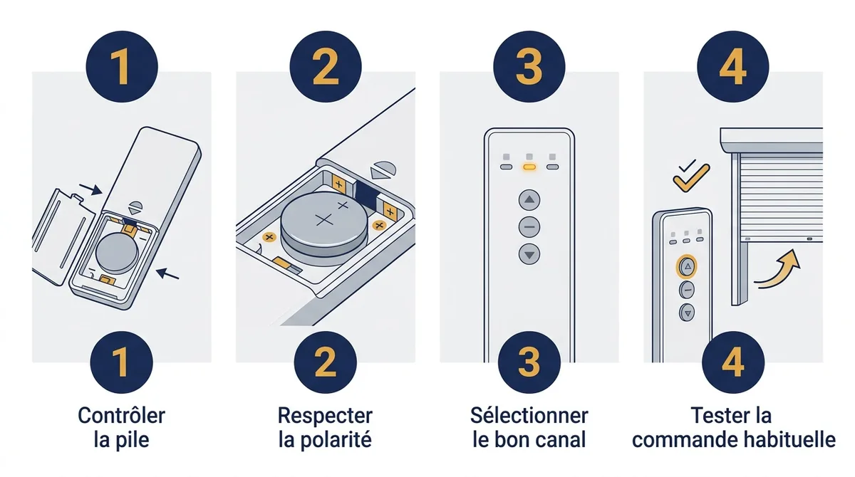 Réparation de volet roulant Somfy : étapes de contrôle de la pile, de la polarité et du canal.