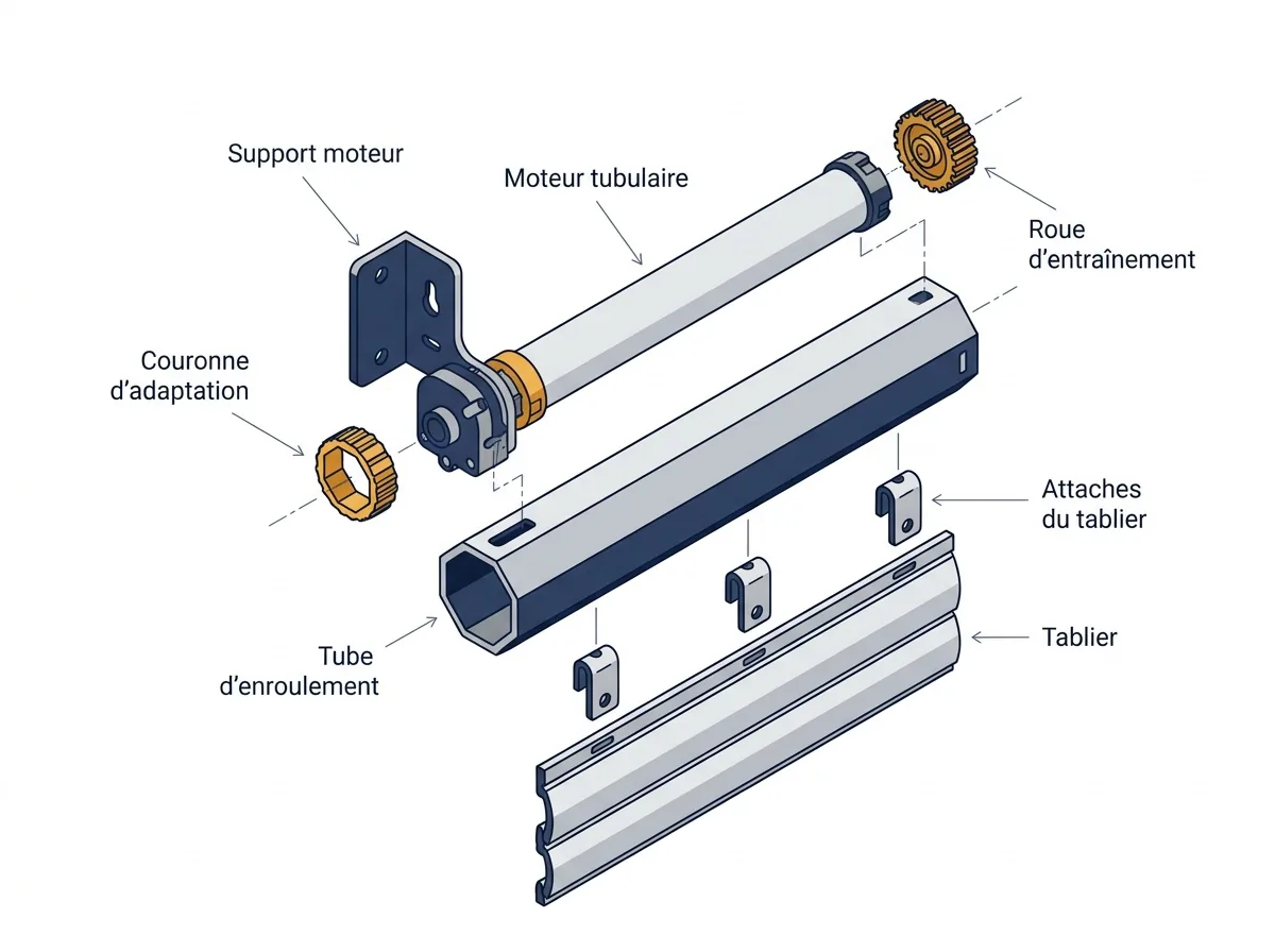 Réparation de volet roulant Somfy : vue éclatée du moteur, du tube et des attaches du tablier.
