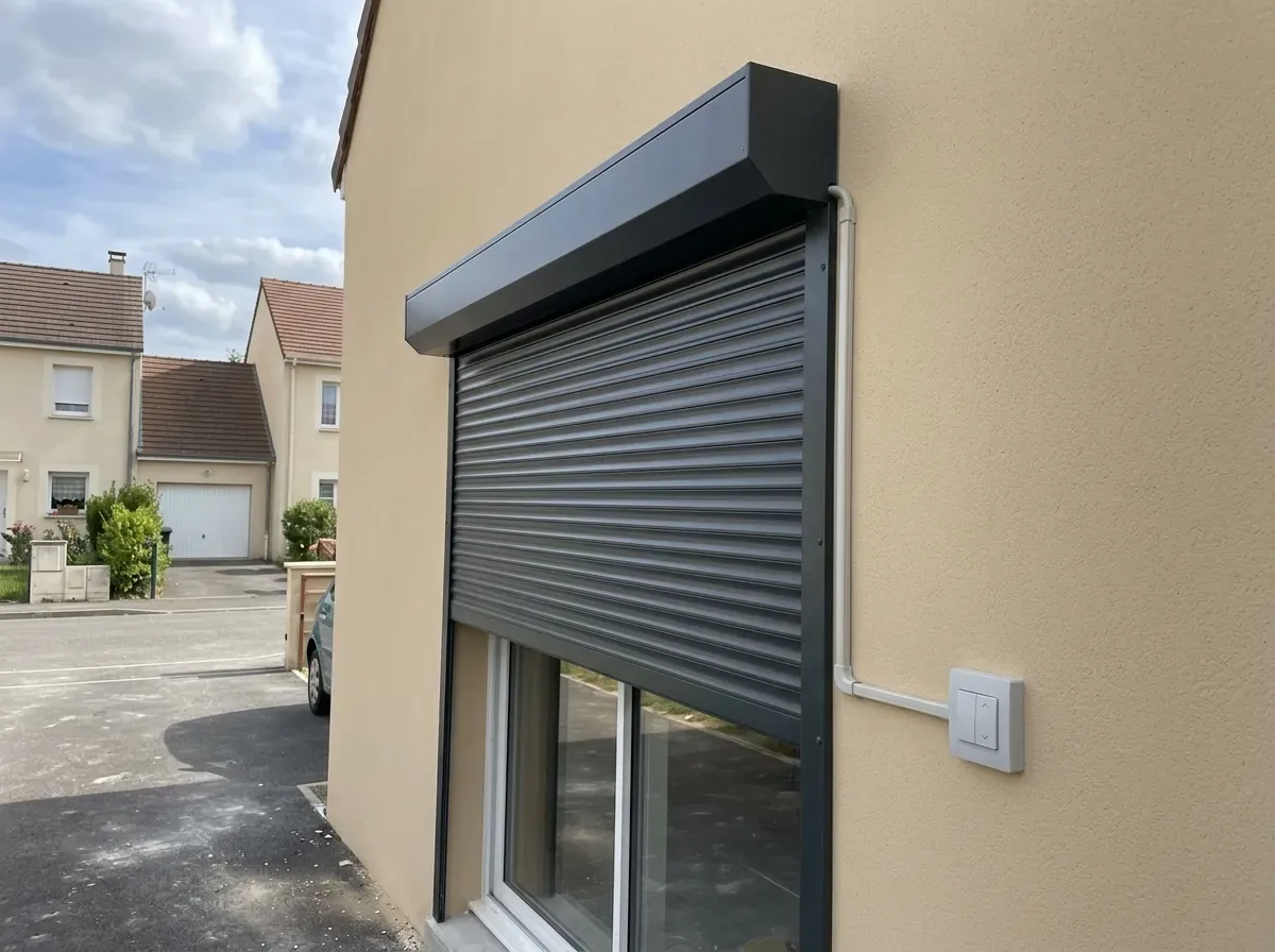 Volet roulant à motorisation filaire sur la façade d'un pavillon francilien