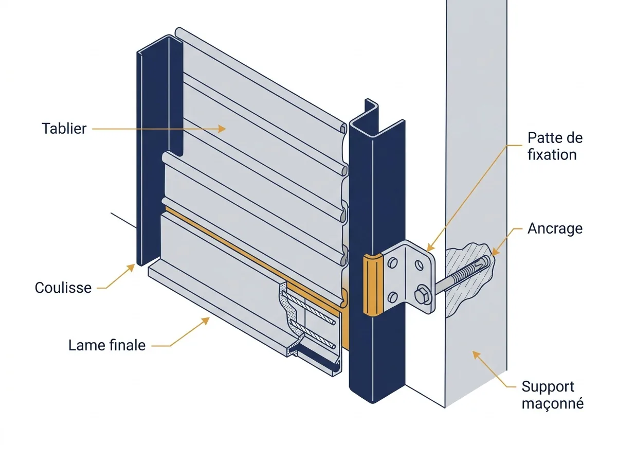 Coupe d’une coulisse et de ses ancrages sur un rideau métallique anti-effraction.