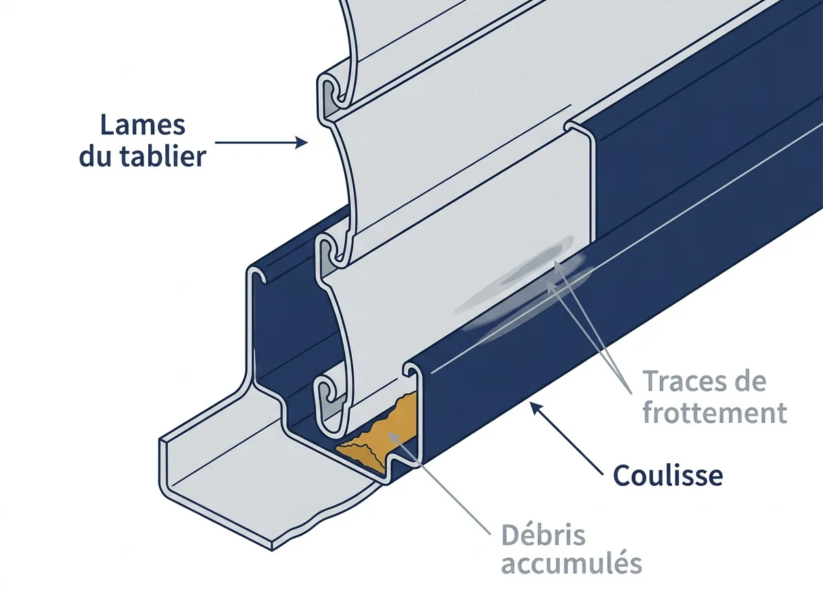 Coupe d’une coulisse de rideau métallique bloqué montrant des débris et des traces de frottement.