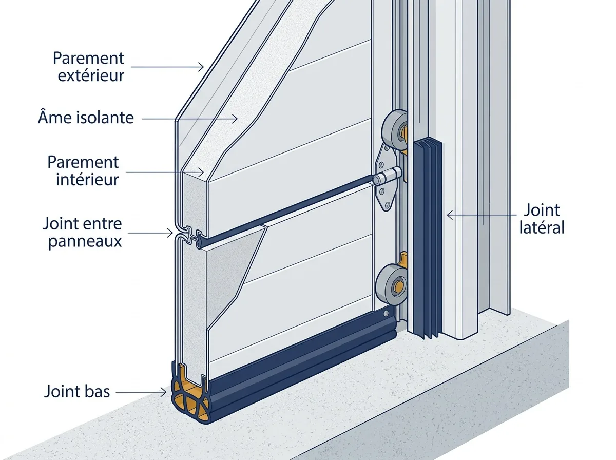 Rideau métallique ou porte sectionnelle : coupe d’une porte sectionnelle isolée et de ses joints.