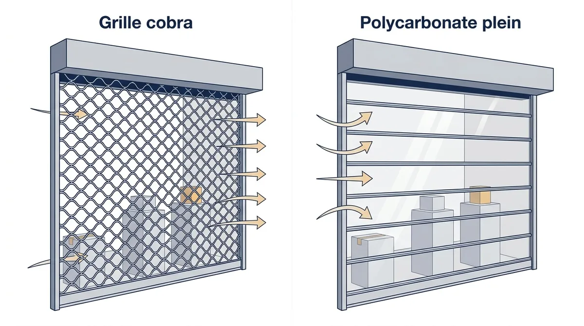 Deux tabliers de rideau métallique : grille cobra ajourée et polycarbonate transparent non ajouré.